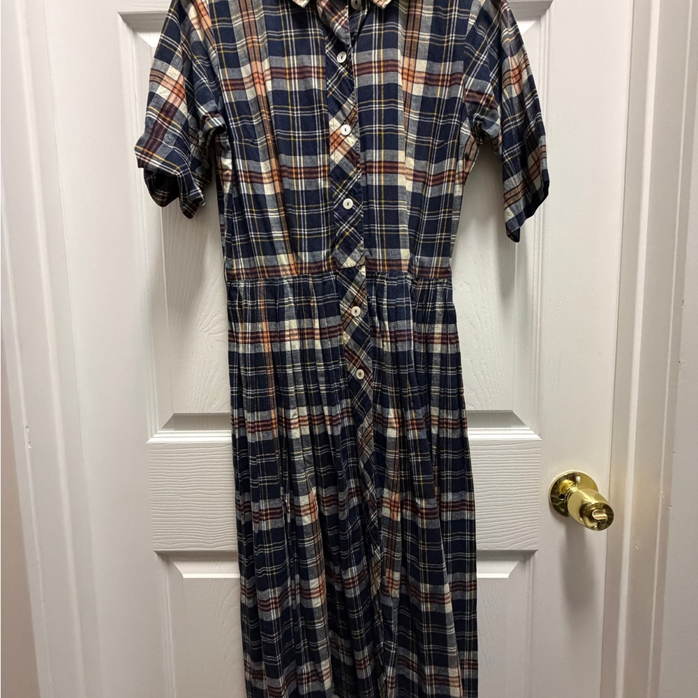 The Villager Plaid Button-Up Shirt Dress in Navy, Yellow & White